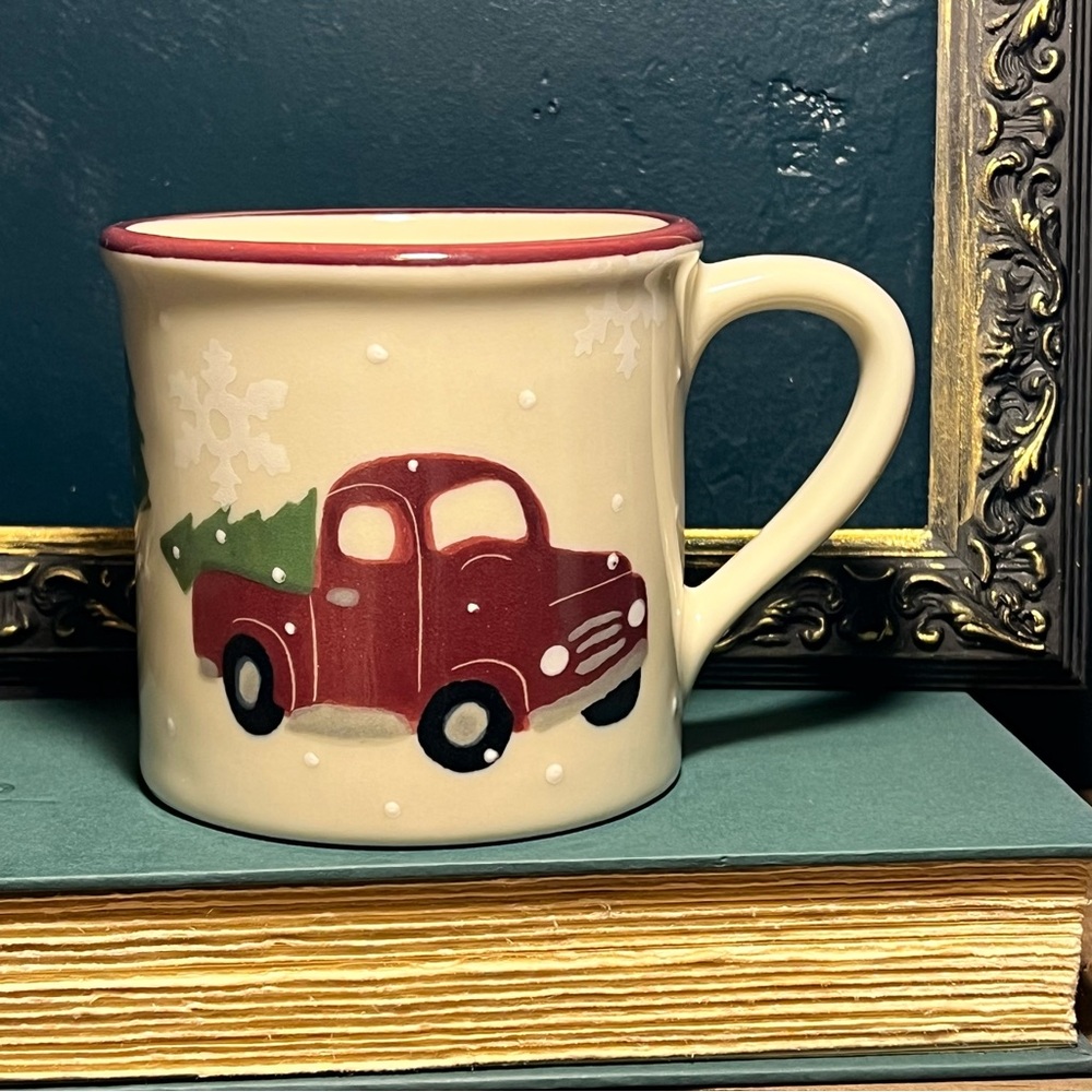Christmas Hartstone Pottery Red Truck Hand-Painted Coffee Mug 16 Oz EUC